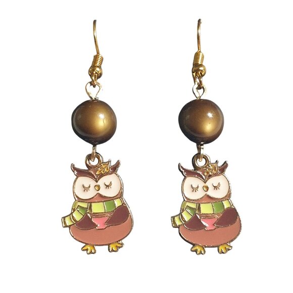 Owl Dangle Earrings Brown Enamel Gold Hook Boho Autumn Charm Beads Unique Animal - Picture 2 of 4